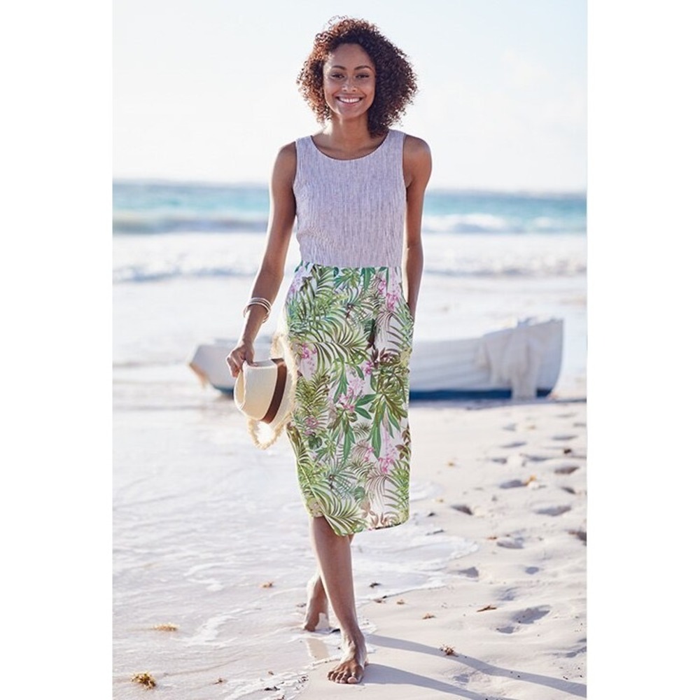 J. Jill Linen Cotton Tropical Floral Striped Midi Vacation Dress Tan Green M
